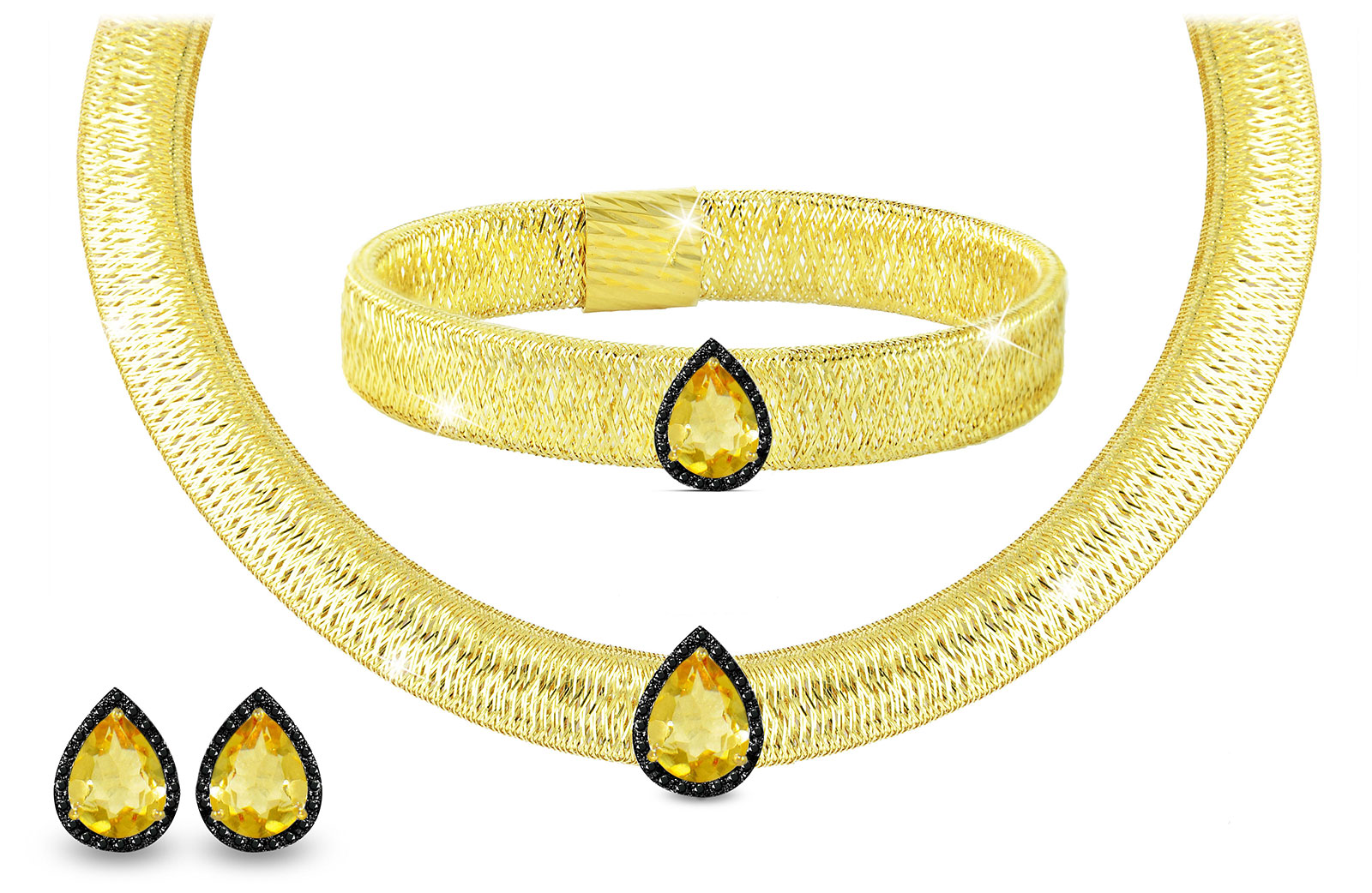 Vera Perla 18K Gold 0.48ct Black Diamonds, Citrine Jewelry Set - 3 pcs.